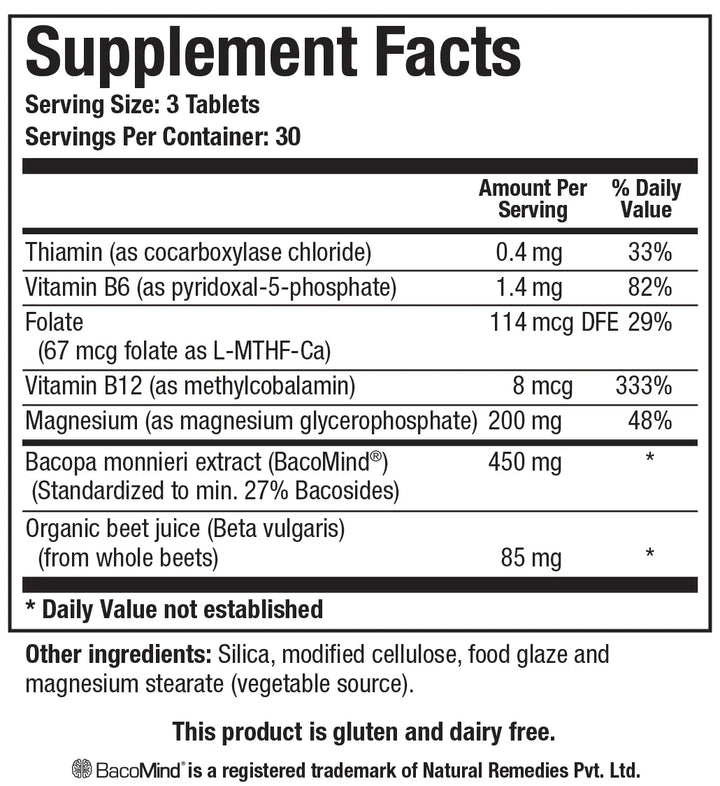 Supplement Facts label for Biotics Research Acti-Mag Neuro showing a serving size of 3 tablets with 30 servings per container, containing 200 mg of magnesium (as magnesium glycerophosphate), thiamin, vitamin B6, folate, vitamin B12, 450 mg of Bacopa monnieri extract (BacoMind) standardized to min. 27% bacosides, and organic beet juice.