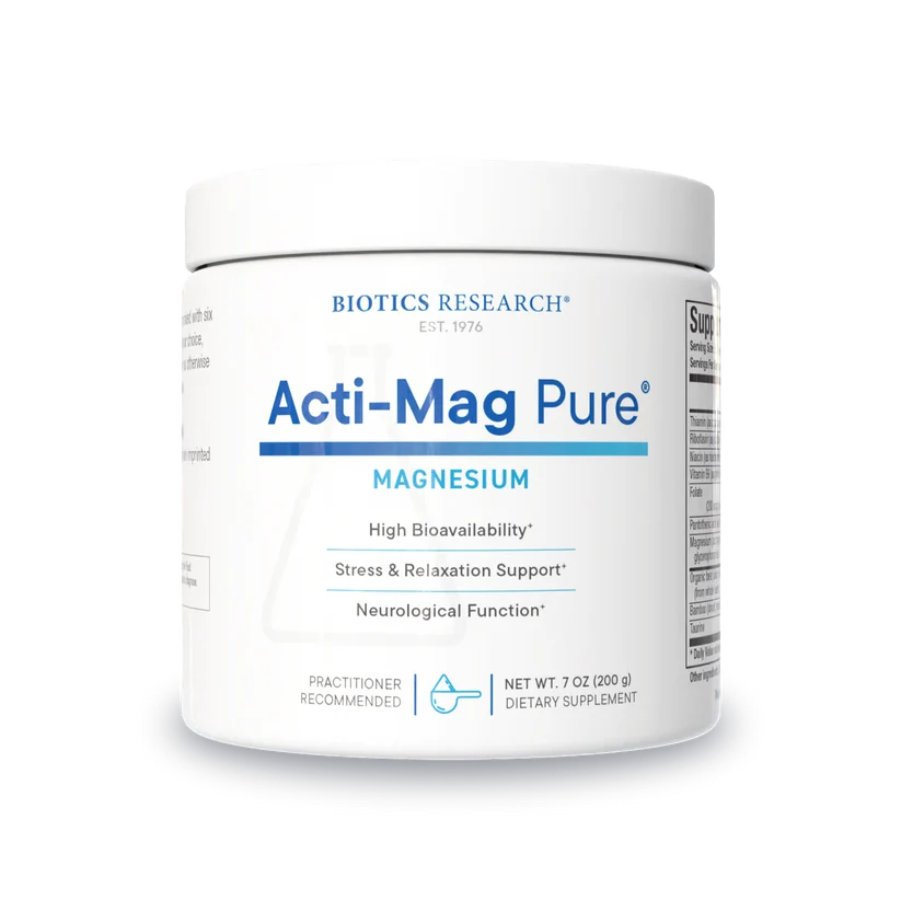 Biotics Research Acti-Mag Pure magnesium dietary supplement tub featuring white packaging with blue accents, a practitioner recommended label, benefits including high bioavailability, stress and relaxation support, and neurological function, and a net weight of 7 oz (200 g).