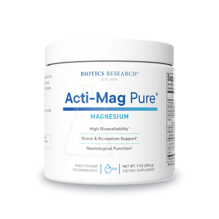 Biotics Research Acti-Mag Pure magnesium dietary supplement tub featuring white packaging with blue accents, a practitioner recommended label, benefits including high bioavailability, stress and relaxation support, and neurological function, and a net weight of 7 oz (200 g).