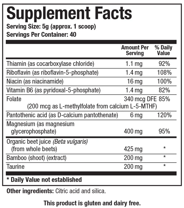 Supplement Facts label for Biotics Research Acti-Mag Pure showing a serving size of 5g (approx. 1 scoop) with 40 servings per container, containing 400 mg of magnesium (as magnesium glycerophosphate), thiamin, riboflavin, niacin, vitamin B6, folate, pantothenic acid, organic beet juice, bamboo extract, and taurine.