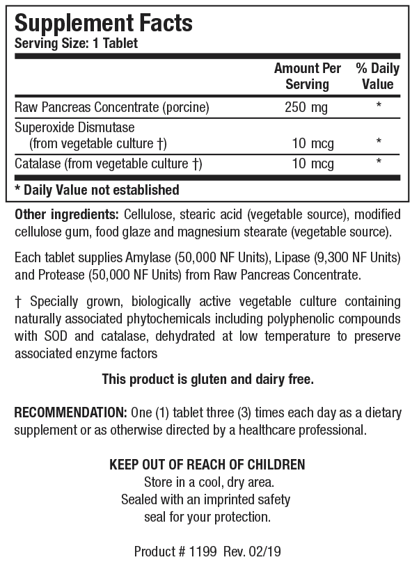 Supplement Facts label for Bio-6-Plus showing a serving size of 1 tablet, containing 250 mg of raw pancreas concentrate (porcine), superoxide dismutase, and catalase, with amylase, lipase, and protease enzyme highlights.