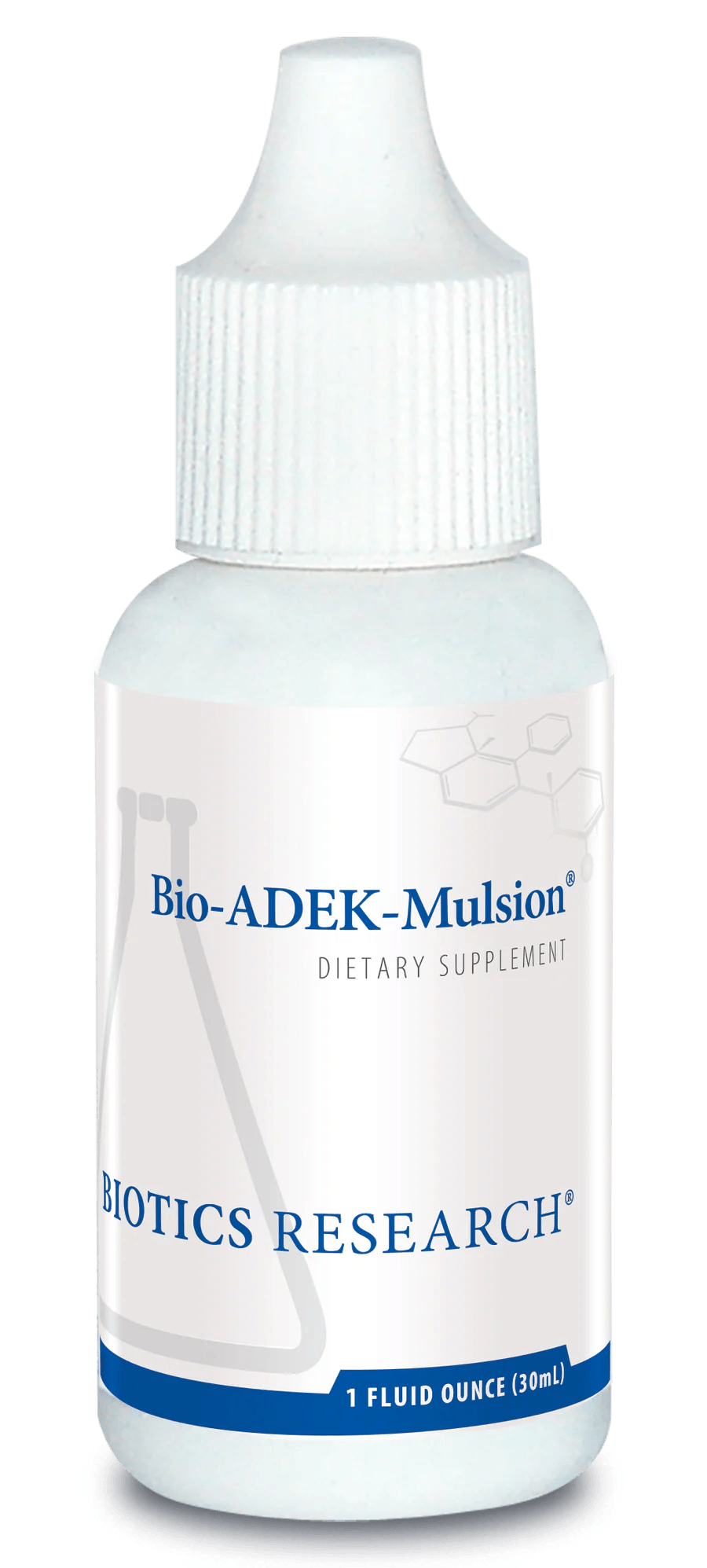 Biotics Research Bio-ADEK-Mulsion dietary supplement dropper bottle featuring white packaging with blue accents, a laboratory beaker graphic, and a volume of 1 fluid ounce (30 mL).