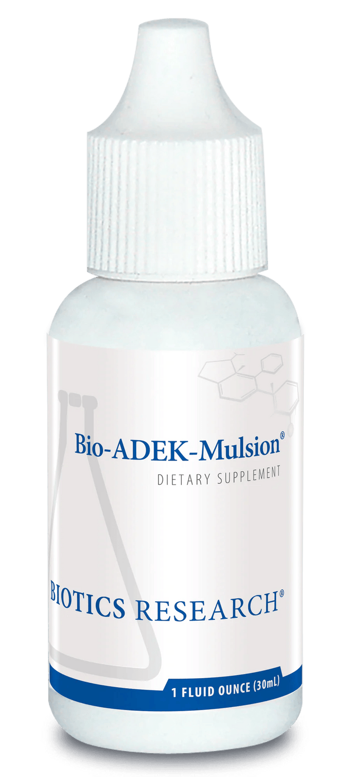 Biotics Research Bio-ADEK-Mulsion dietary supplement dropper bottle featuring white packaging with blue accents, a laboratory beaker graphic, and a volume of 1 fluid ounce (30 mL).