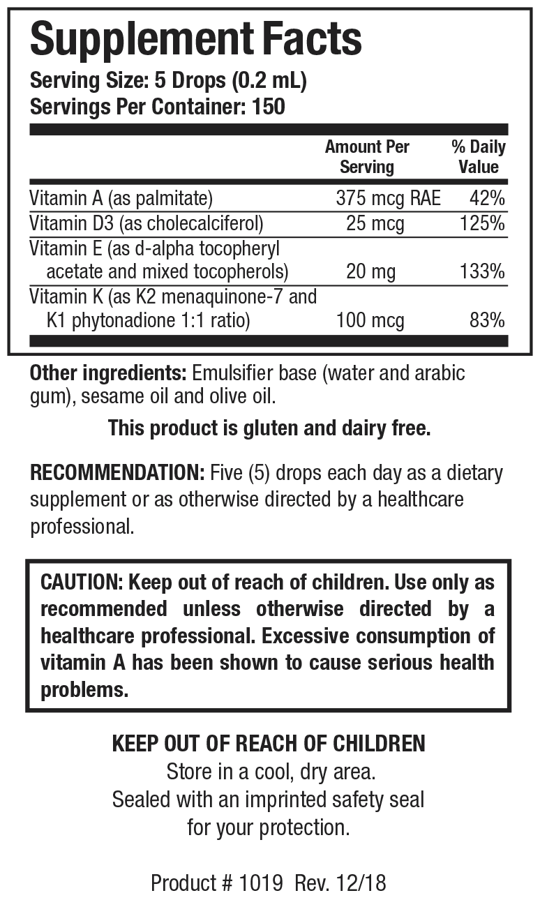 Supplement Facts label for Bio-ADEK-Mulsion showing a serving size of 5 drops (0.2 mL), containing Vitamin A as palmitate, Vitamin D3 as cholecalciferol, Vitamin E, and Vitamin K as K2 menaquinone-7 and K1 phytonadione.
