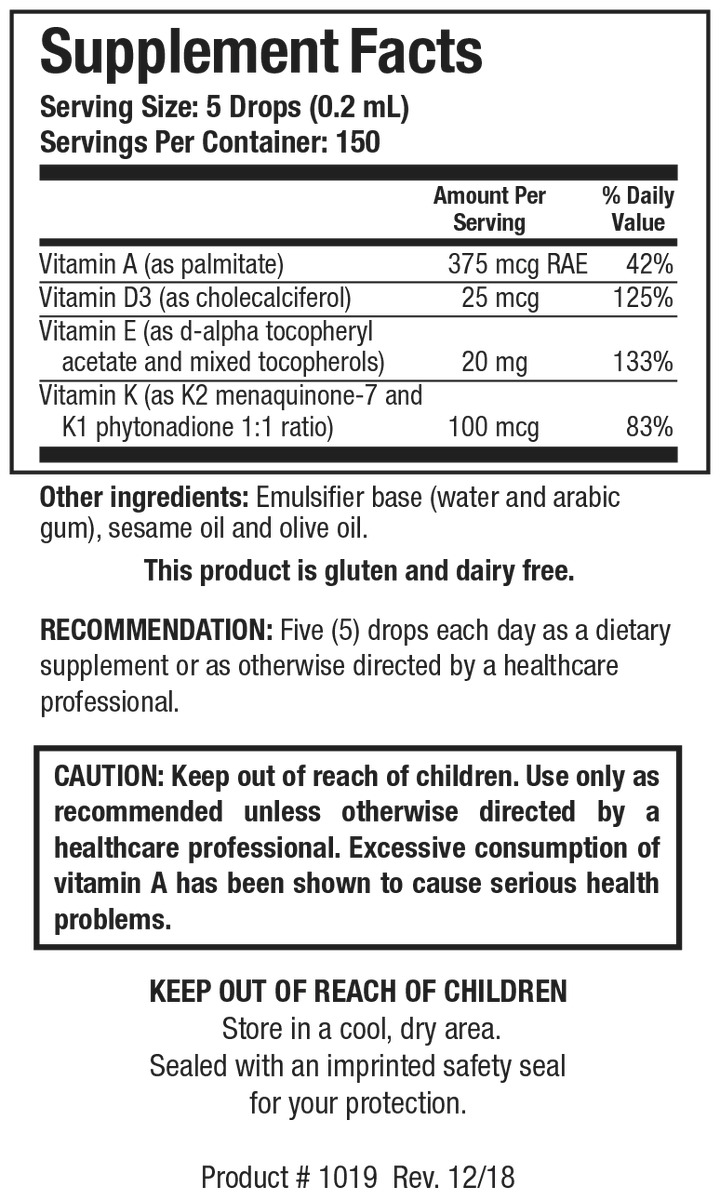 Supplement Facts label for Bio-ADEK-Mulsion showing a serving size of 5 drops (0.2 mL), containing Vitamin A as palmitate, Vitamin D3 as cholecalciferol, Vitamin E, and Vitamin K as K2 menaquinone-7 and K1 phytonadione.