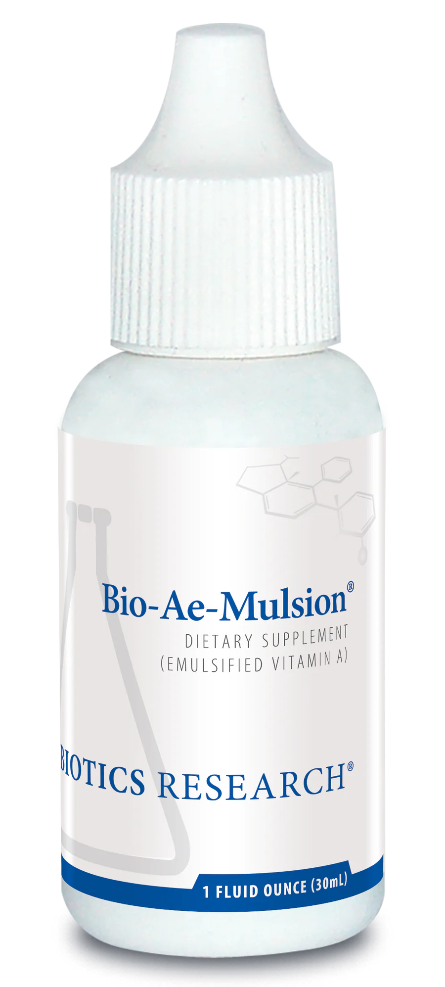 Biotics Research Bio-Ae-Mulsion dietary supplement dropper bottle featuring white packaging with blue accents, emulsified Vitamin A label, and 1 fluid ounce (30 mL) volume.