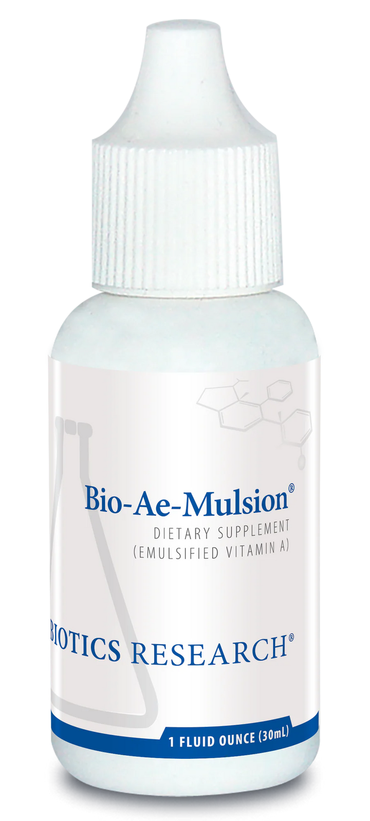 Biotics Research Bio-Ae-Mulsion dietary supplement dropper bottle featuring white packaging with blue accents, emulsified Vitamin A label, and 1 fluid ounce (30 mL) volume.