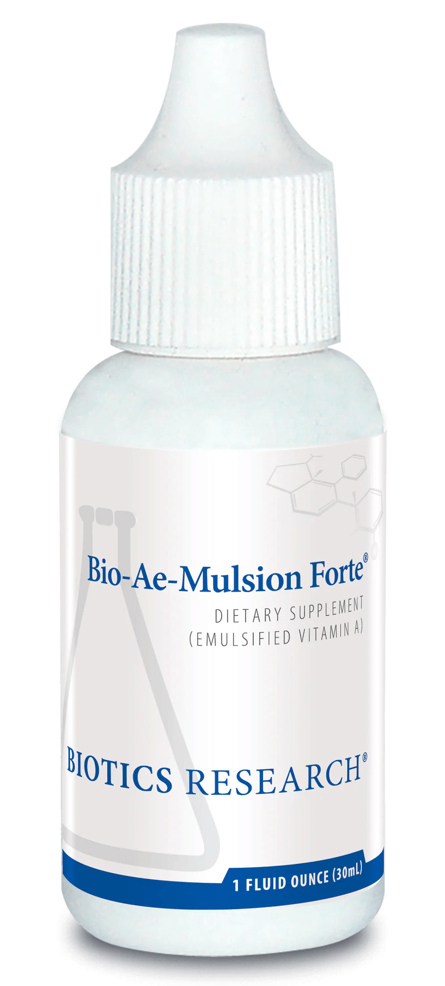 Biotics Research Bio-Ae-Mulsion Forte dietary supplement dropper bottle featuring white packaging with blue accents, a laboratory beaker graphic, emulsified Vitamin A highlights, and a volume of 1 fluid ounce (30 mL).
