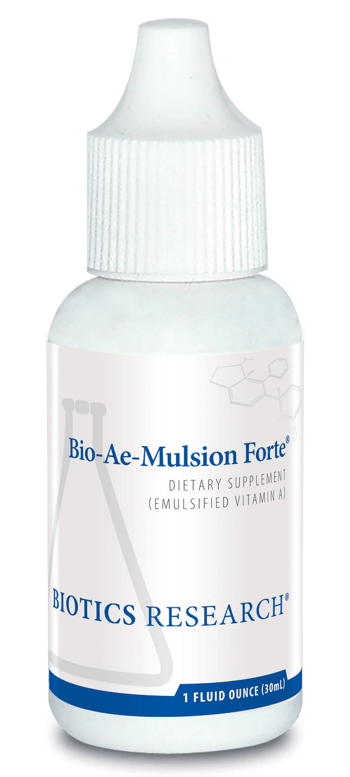 Biotics Research Bio-Ae-Mulsion Forte dietary supplement dropper bottle featuring white packaging with blue accents, a laboratory beaker graphic, emulsified Vitamin A highlights, and a volume of 1 fluid ounce (30 mL).