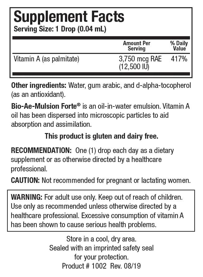 Supplement Facts label for Bio-Ae-Mulsion Forte showing a serving size of 1 drop (0.04 mL), containing 3,750 mcg RAE (12,500 IU) of Vitamin A as palmitate.