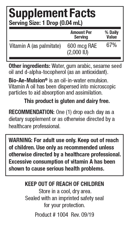 Supplement Facts label for Bio-Ae-Mulsion showing a serving size of 1 drop (0.04 mL), detailing 600 mcg RAE (2,000 IU) Vitamin A as palmitate (67% Daily Value) per serving.