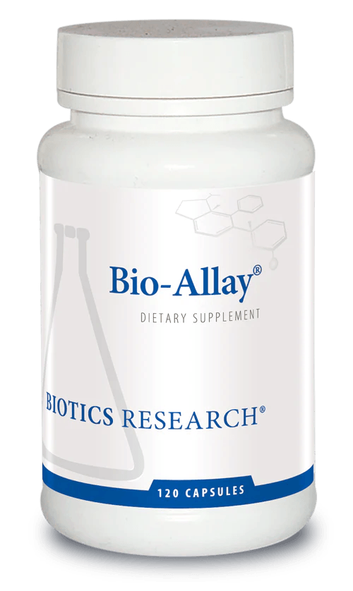 Biotics Research Bio-Allay dietary supplement bottle featuring white packaging with blue accents, a laboratory beaker graphic, and a 120 capsules count.