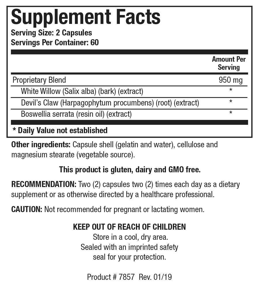 Supplement Facts label for Bio-Allay showing a serving size of 2 capsules, containing a 950 mg proprietary blend of white willow extract, devil's claw extract, and boswellia serrata extract.