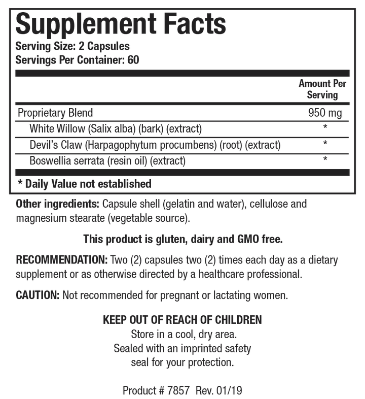Supplement Facts label for Bio-Allay showing a serving size of 2 capsules, containing a 950 mg proprietary blend of white willow extract, devil&