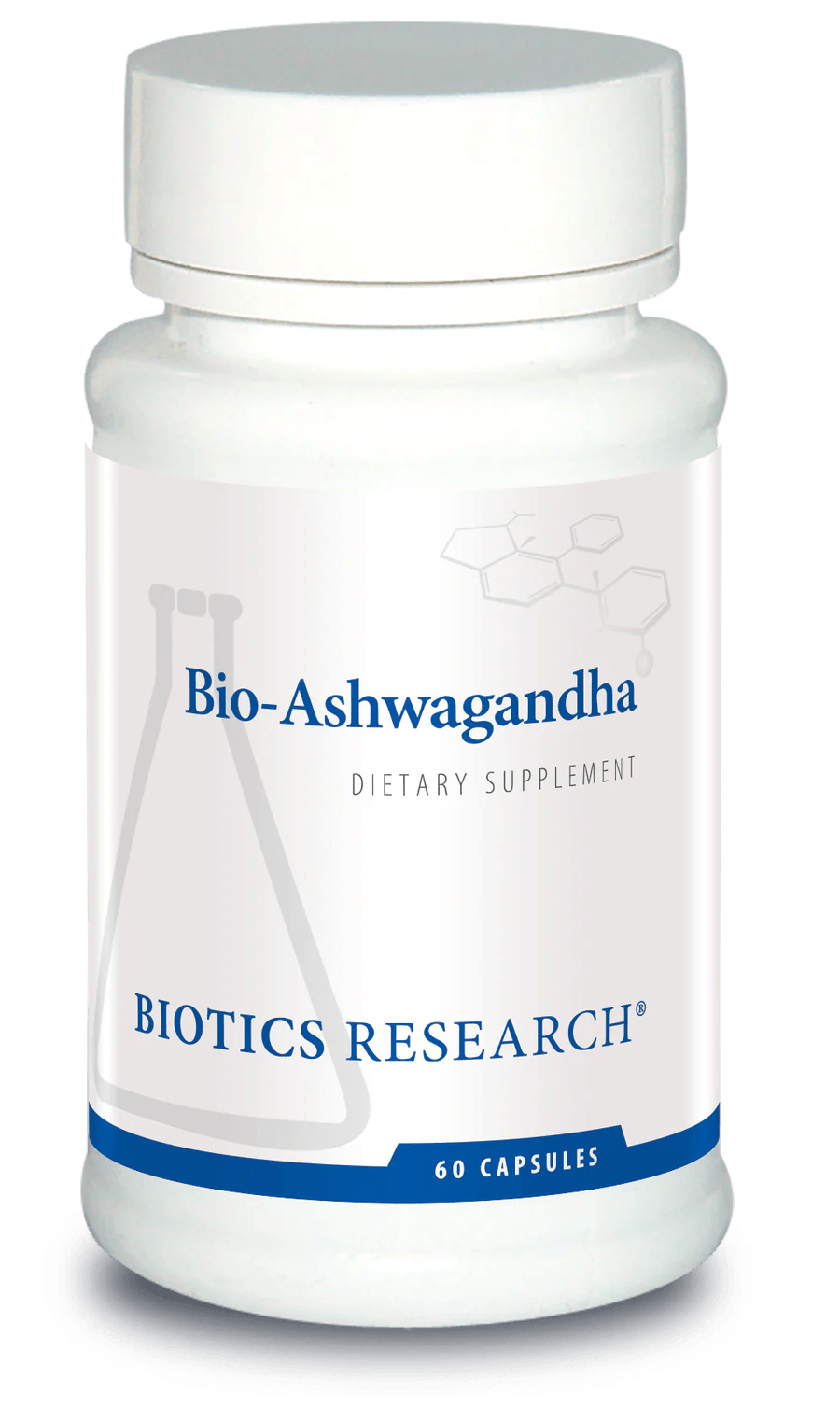 Biotics Research Bio-Ashwagandha dietary supplement bottle featuring white packaging with blue accents, a laboratory beaker graphic, and a 60 capsules count.