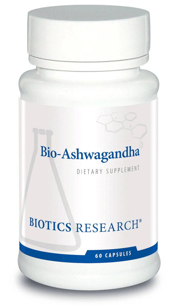 Biotics Research Bio-Ashwagandha dietary supplement bottle featuring white packaging with blue accents, a laboratory beaker graphic, and a 60 capsules count.