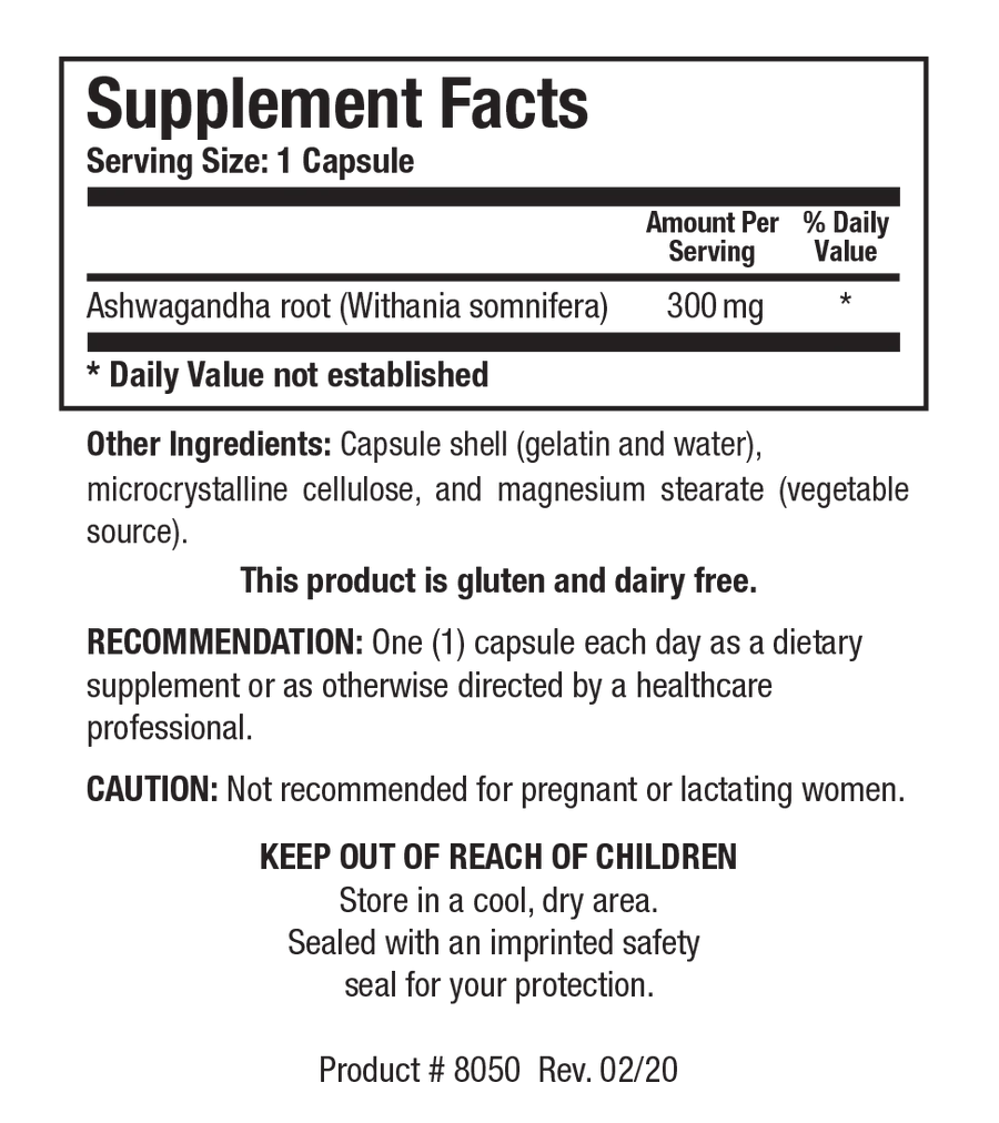 Supplement Facts label for Bio-Ashwagandha showing a serving size of 1 capsule, containing 300 mg of Ashwagandha root (Withania somnifera).