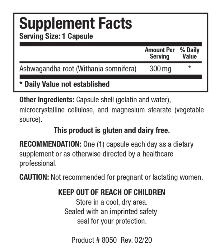 Supplement Facts label for Bio-Ashwagandha showing a serving size of 1 capsule, containing 300 mg of Ashwagandha root (Withania somnifera).