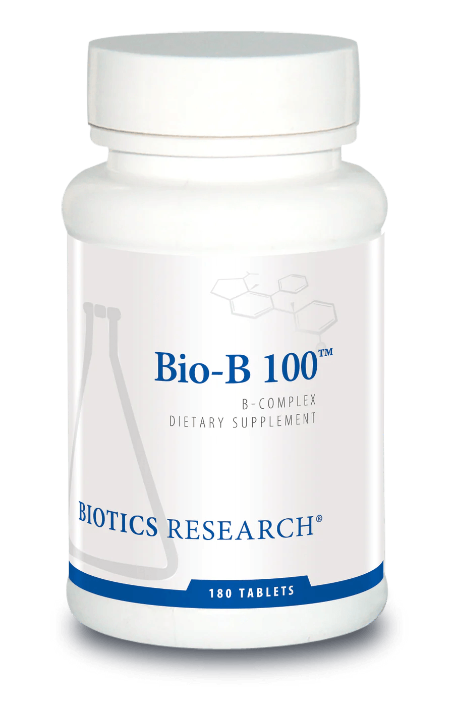 Biotics Research Bio-B 100 dietary supplement bottle featuring white packaging with blue accents, a laboratory beaker graphic, B-complex highlights, and a 180 tablets count.