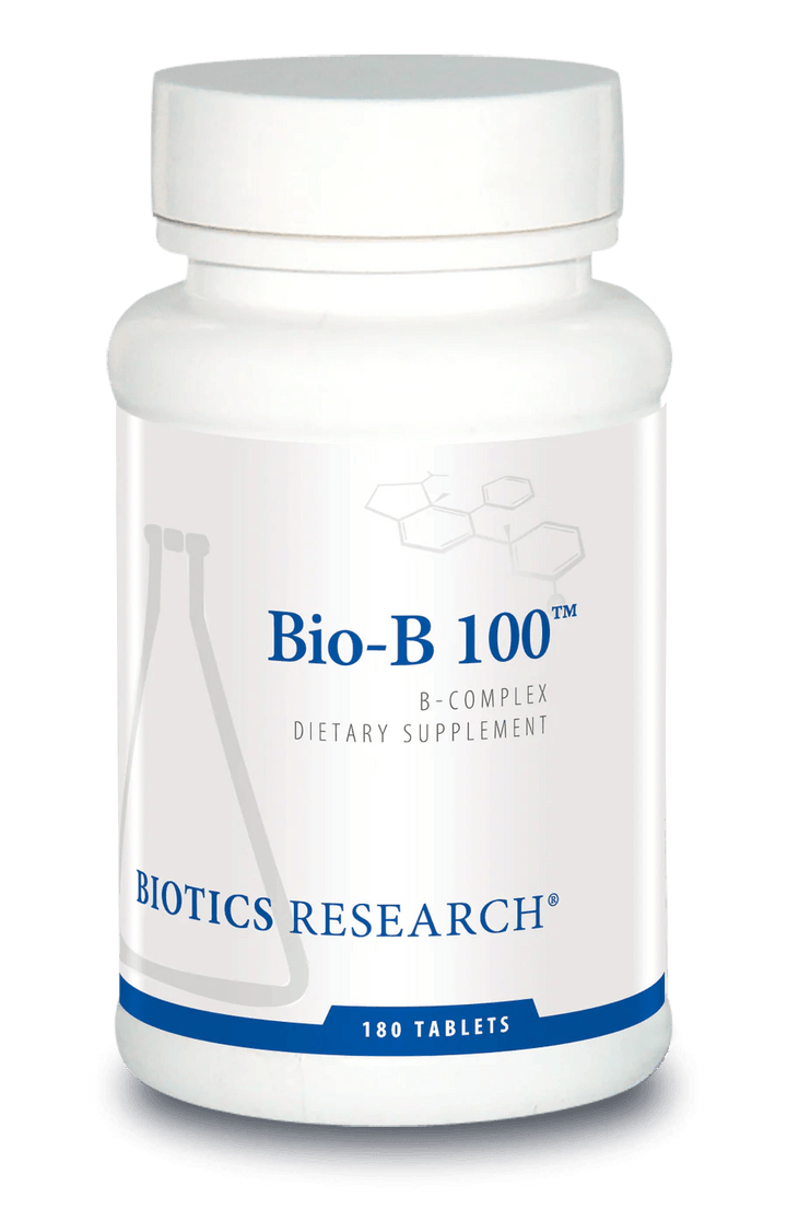 Biotics Research Bio-B 100 dietary supplement bottle featuring white packaging with blue accents, a laboratory beaker graphic, B-complex highlights, and a 180 tablets count.