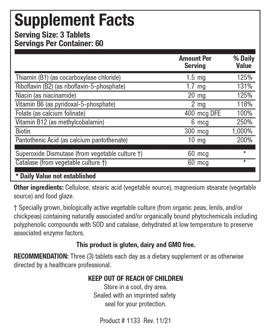 Supplement Facts label for Bio-B 100 showing a serving size of 3 tablets, containing thiamin as cocarboxylase chloride, riboflavin as riboflavin-5-phosphate, niacinamide, vitamin B6 as pyridoxal-5-phosphate, folate as calcium folinate, vitamin B12 as methylcobalamin, biotin, pantothenic acid, superoxide dismutase, and catalase.