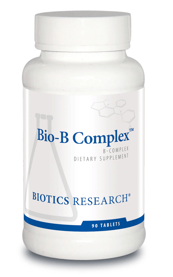 Biotics Research Bio-B Complex dietary supplement bottle featuring white packaging with blue accents, a laboratory beaker graphic, B-complex highlights, and a 90 tablets count