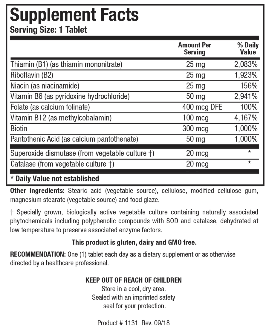 Supplement Facts label for Bio-B Complex showing a serving size of 1 tablet, containing thiamin, riboflavin, niacin, vitamin B6, folate as calcium folinate, vitamin B12 as methylcobalamin, biotin, pantothenic acid, superoxide dismutase, and catalase.