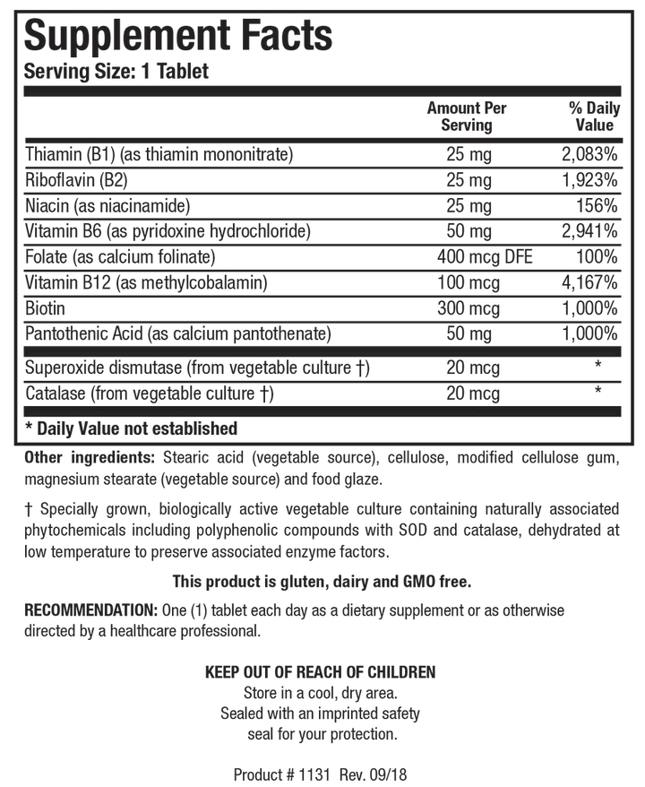 Supplement Facts label for Bio-B Complex showing a serving size of 1 tablet, containing thiamin, riboflavin, niacin, vitamin B6, folate as calcium folinate, vitamin B12 as methylcobalamin, biotin, pantothenic acid, superoxide dismutase, and catalase.
