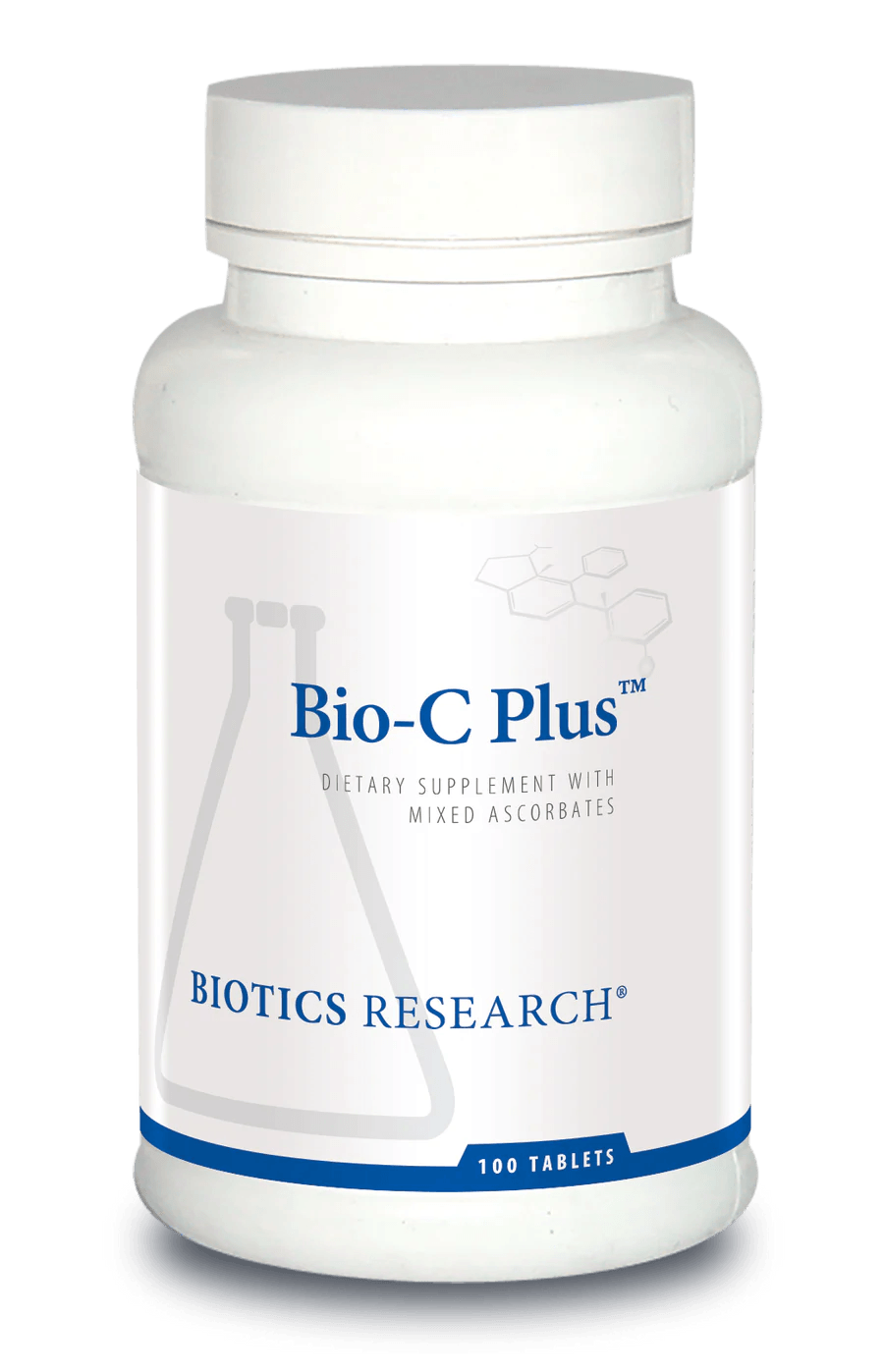 Biotics Research Bio-C Plus dietary supplement bottle featuring white packaging with blue accents, a laboratory beaker graphic, mixed ascorbates highlights, and a 100 tablets count.