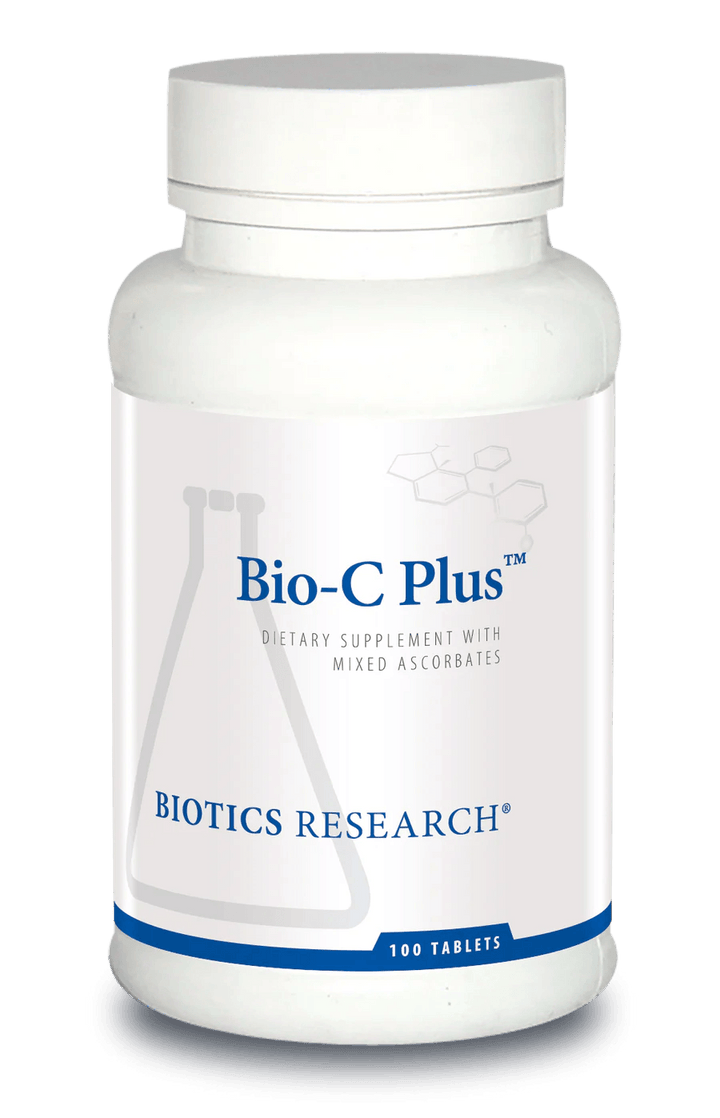 Biotics Research Bio-C Plus dietary supplement bottle featuring white packaging with blue accents, a laboratory beaker graphic, mixed ascorbates highlights, and a 100 tablets count.