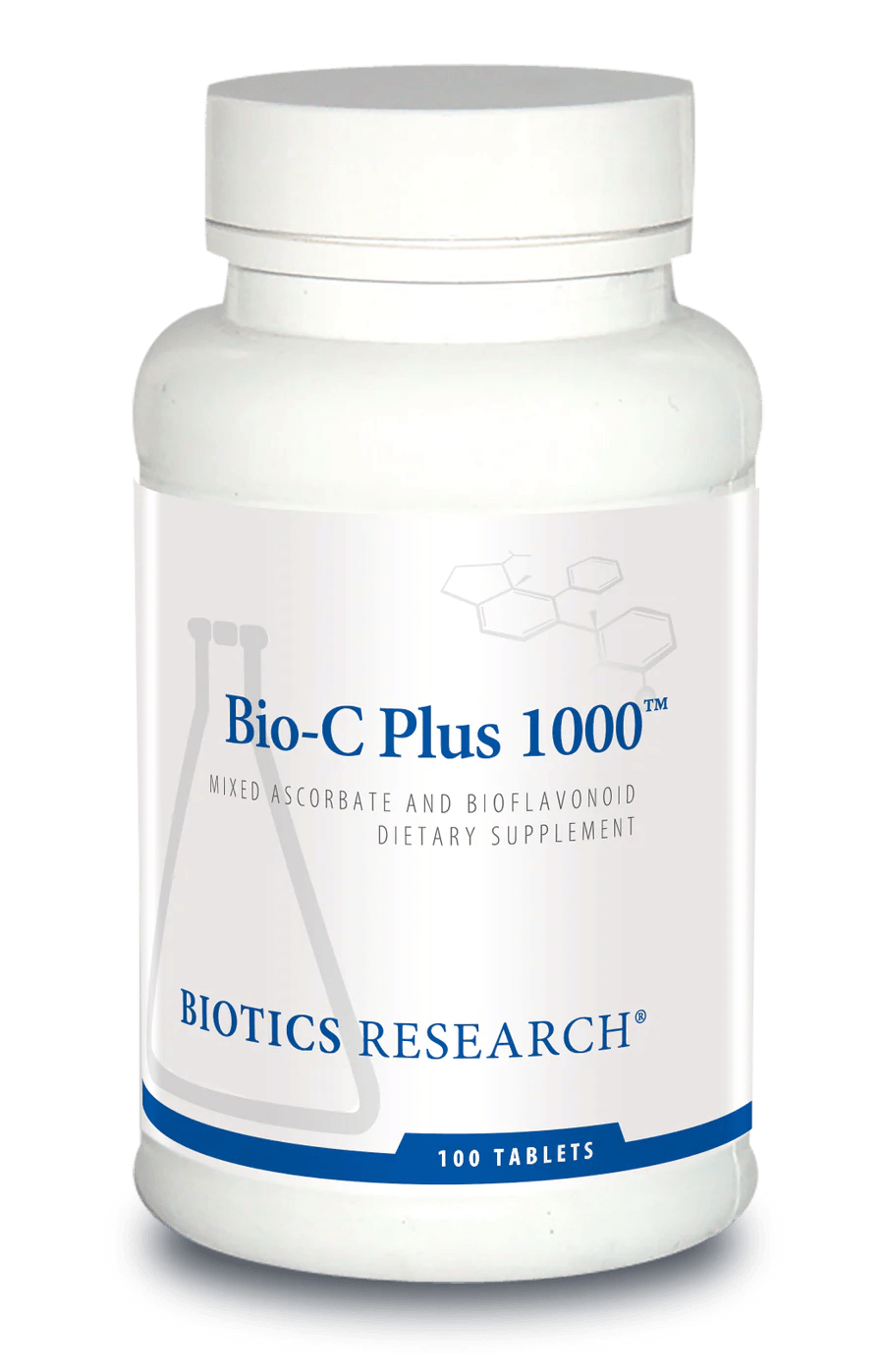 Biotics Research Bio-C Plus 1000 dietary supplement bottle featuring white packaging with blue accents, a laboratory beaker graphic, mixed ascorbate and bioflavonoid highlights, and a 100 tablets count