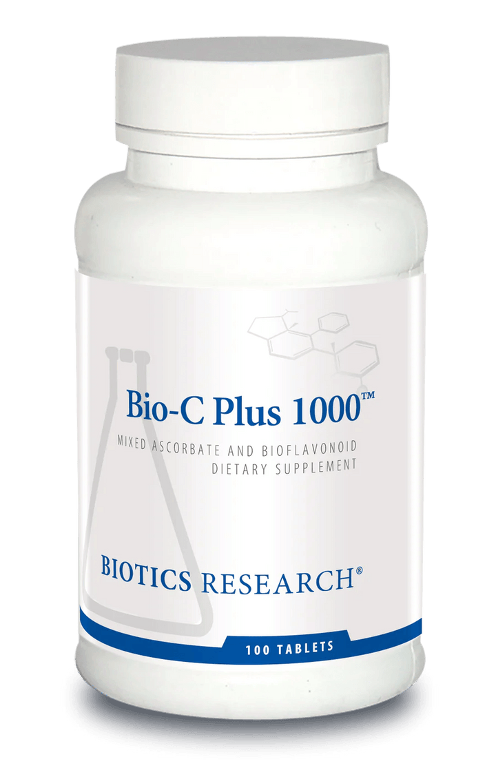 Biotics Research Bio-C Plus 1000 dietary supplement bottle featuring white packaging with blue accents, a laboratory beaker graphic, mixed ascorbate and bioflavonoid highlights, and a 100 tablets count