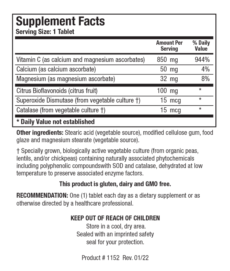 Supplement Facts label for Bio-C Plus 1000 showing a serving size of 1 tablet, containing 850 mg of Vitamin C as calcium and magnesium ascorbates, calcium, magnesium, citrus bioflavonoids, superoxide dismutase, and catalase.
