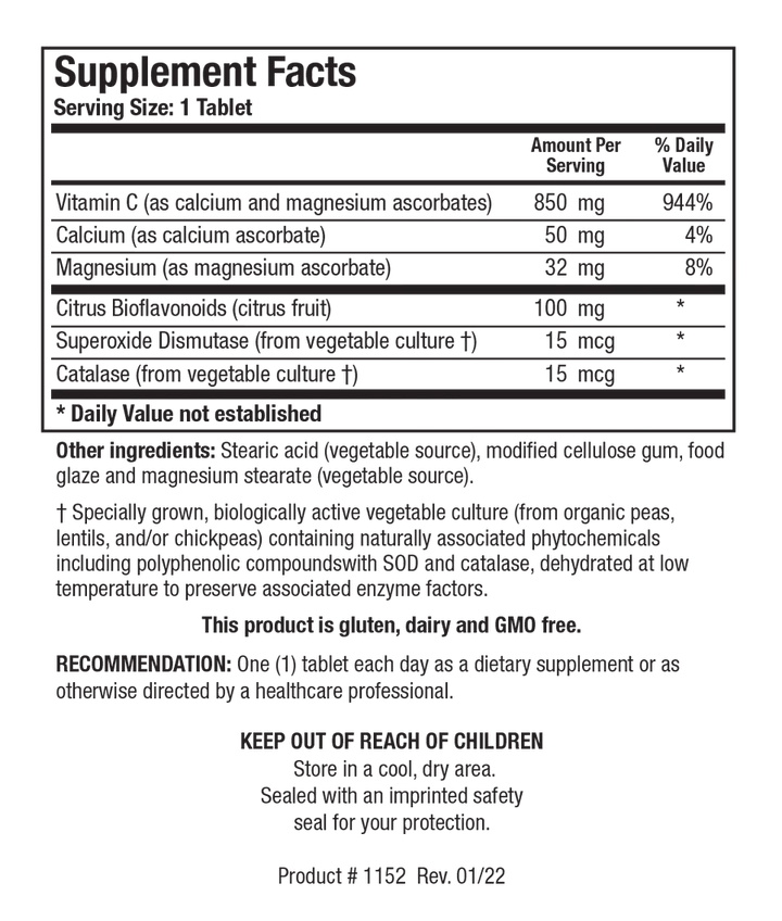 Supplement Facts label for Bio-C Plus 1000 showing a serving size of 1 tablet, containing 850 mg of Vitamin C as calcium and magnesium ascorbates, calcium, magnesium, citrus bioflavonoids, superoxide dismutase, and catalase.