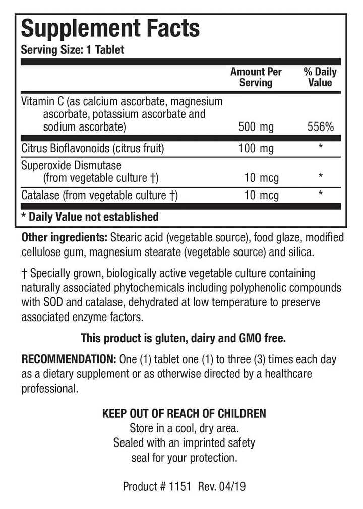 Supplement Facts label for Bio-C Plus showing a serving size of 1 tablet, containing 500 mg of Vitamin C as calcium, magnesium, potassium, and sodium ascorbate, citrus bioflavonoids, superoxide dismutase, and catalase.