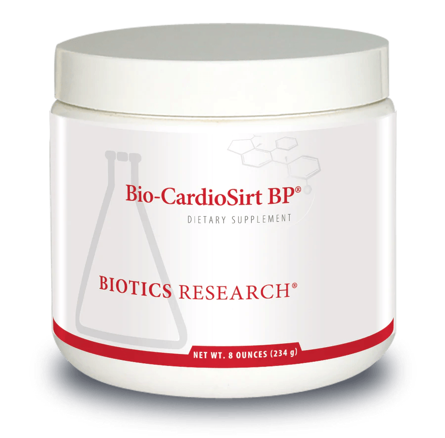 Biotics Research Bio-CardioSirt BP dietary supplement tub featuring white packaging with red accents, a laboratory beaker graphic, and a net weight of 8 ounces (234 g)