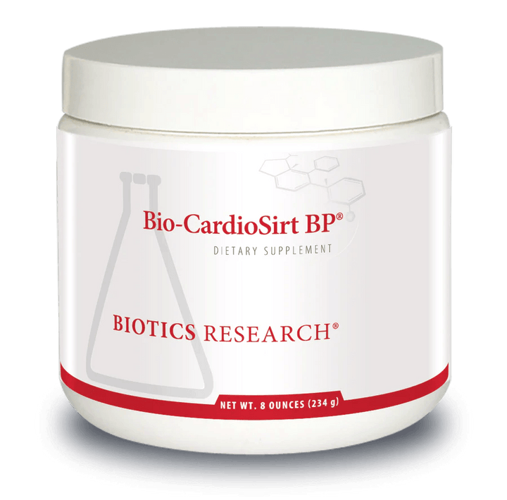 Biotics Research Bio-CardioSirt BP dietary supplement tub featuring white packaging with red accents, a laboratory beaker graphic, and a net weight of 8 ounces (234 g)