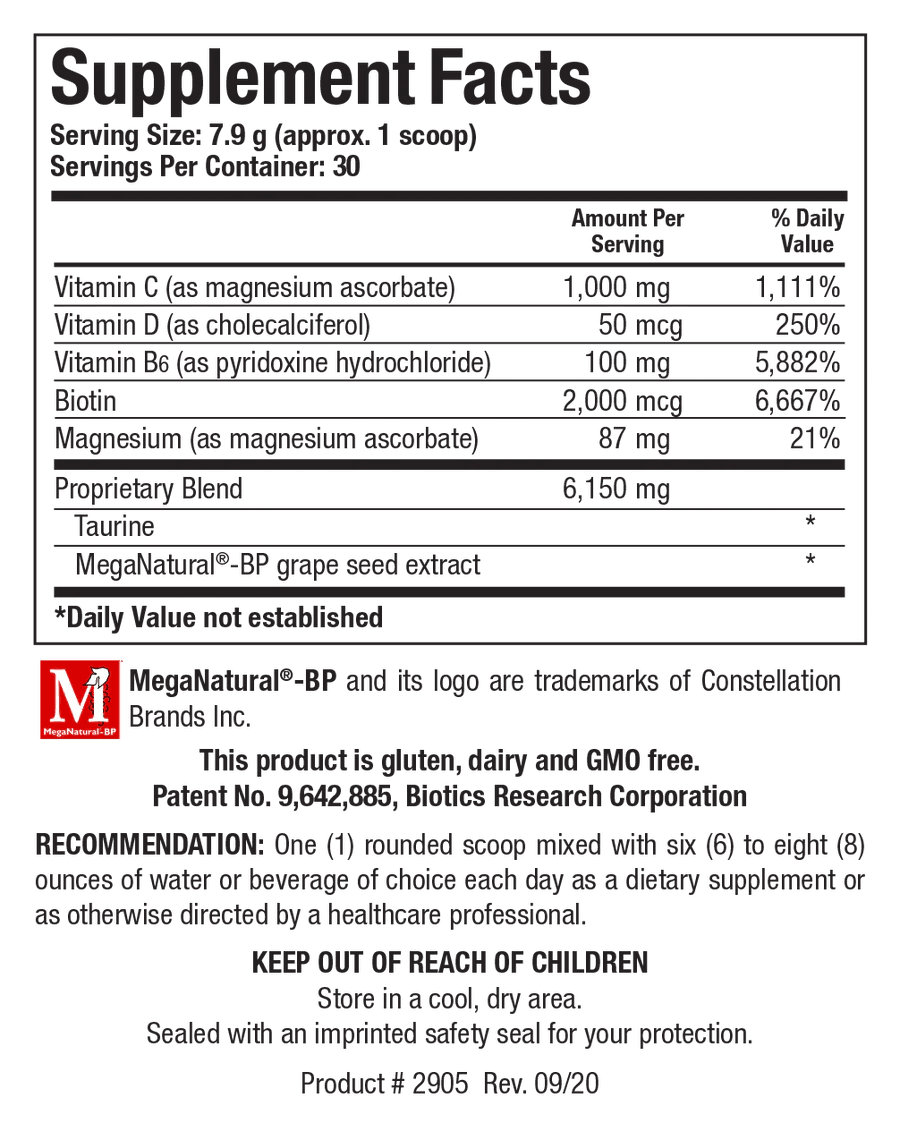 Supplement Facts label for Bio-CardioSirt BP showing a serving size of 7.9 g (approx. 1 scoop) containing Vitamin C, Vitamin D, Vitamin B6, biotin, magnesium, and a 6,150 mg proprietary blend featuring taurine and MegaNatural-BP grape seed extract.
