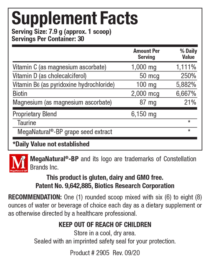 Supplement Facts label for Bio-CardioSirt BP showing a serving size of 7.9 g (approx. 1 scoop) containing Vitamin C, Vitamin D, Vitamin B6, biotin, magnesium, and a 6,150 mg proprietary blend featuring taurine and MegaNatural-BP grape seed extract.