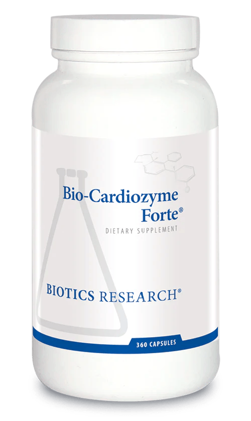 Biotics Research Bio-Cardiozyme Forte dietary supplement bottle featuring white packaging with blue accents, a laboratory beaker graphic, and a 360 capsules count.