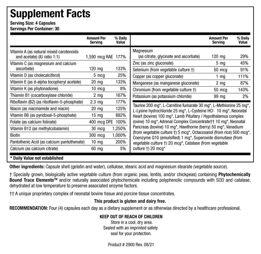 Supplement Facts label for Bio-Cardiozyme Forte showing a serving size of 4 capsules, containing multiple vitamins, minerals, amino acids, glandular concentrates, coenzyme Q10, hawthorne berry, and Phytochemically Bound Trace Elements