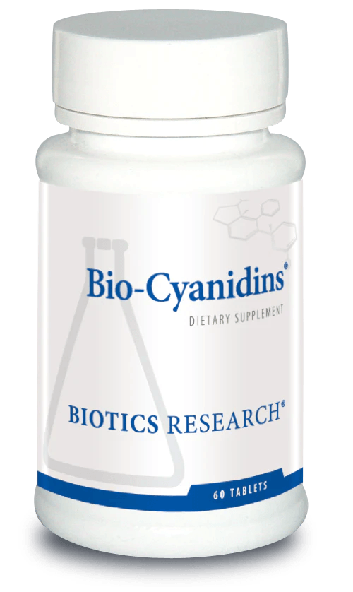 Biotics Research Bio-Cyanidins dietary supplement bottle featuring white packaging with blue accents, a laboratory beaker graphic, and a 60 tablets count.