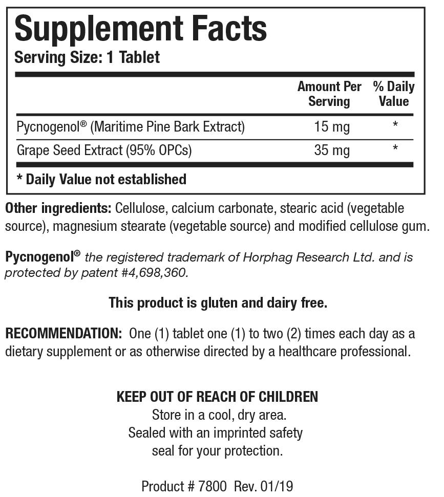 Supplement Facts label for Bio-Cyanidins showing a serving size of 1 tablet, containing 15 mg of Pycnogenol maritime pine bark extract and 35 mg of grape seed extract with 95% OPCs.