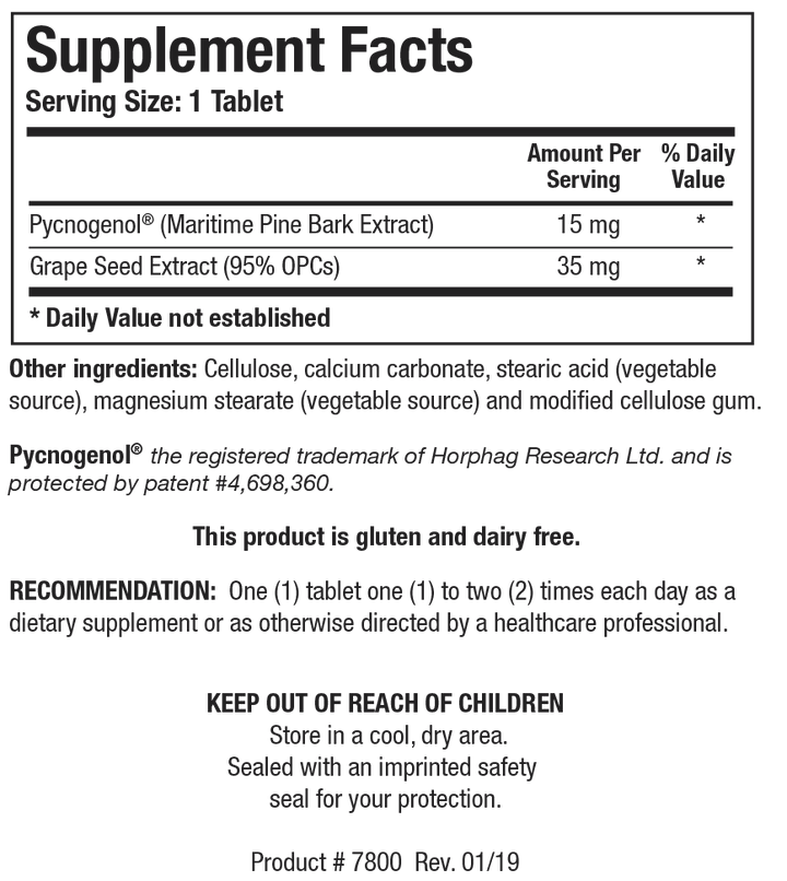 Supplement Facts label for Bio-Cyanidins showing a serving size of 1 tablet, containing 15 mg of Pycnogenol maritime pine bark extract and 35 mg of grape seed extract with 95% OPCs.
