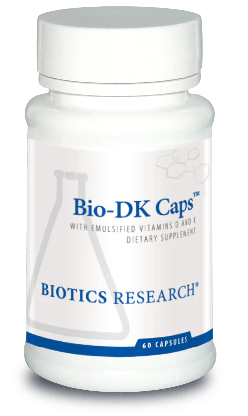 Biotics Research Bio-DK Caps dietary supplement bottle featuring white packaging with blue accents, a laboratory beaker graphic, emulsified vitamins D and K highlights, and a 60 capsules count.