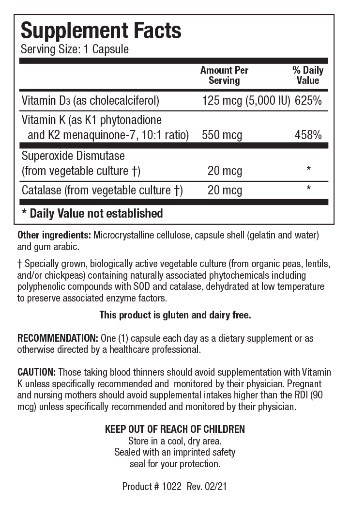 Supplement Facts label for Bio-DK Caps showing a serving size of 1 capsule, containing 125 mcg of Vitamin D3 (5,000 IU), 550 mcg of Vitamin K (as K1 phytonadione and K2 menaquinone-7 in a 10:1 ratio), superoxide dismutase, and catalase.