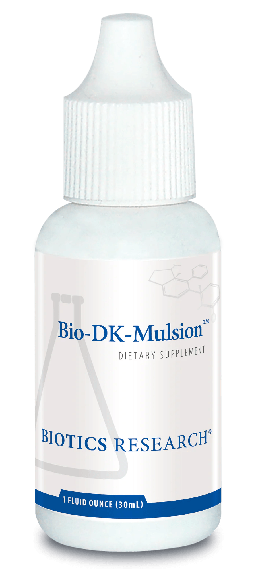 Biotics Research Bio-DK-Mulsion dietary supplement dropper bottle featuring white packaging with blue accents, a laboratory beaker graphic, and a 1 fluid ounce (30 mL) size.