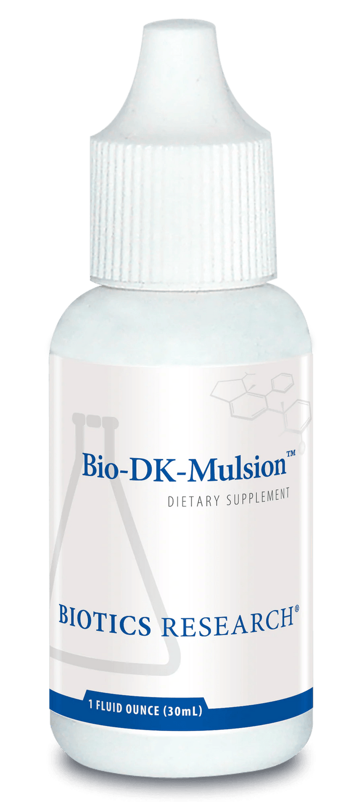 Biotics Research Bio-DK-Mulsion dietary supplement dropper bottle featuring white packaging with blue accents, a laboratory beaker graphic, and a 1 fluid ounce (30 mL) size.