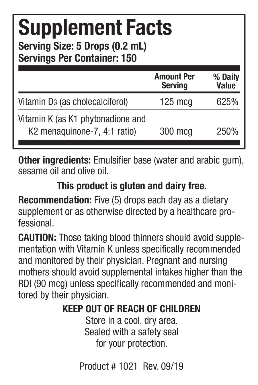 Supplement Facts label for Bio-DK-Mulsion showing a serving size of 5 drops (0.2 mL) containing 125 mcg of Vitamin D3 and 300 mcg of Vitamin K as K1 phytonadione and K2 menaquinone-7 in a 4:1 ratio.