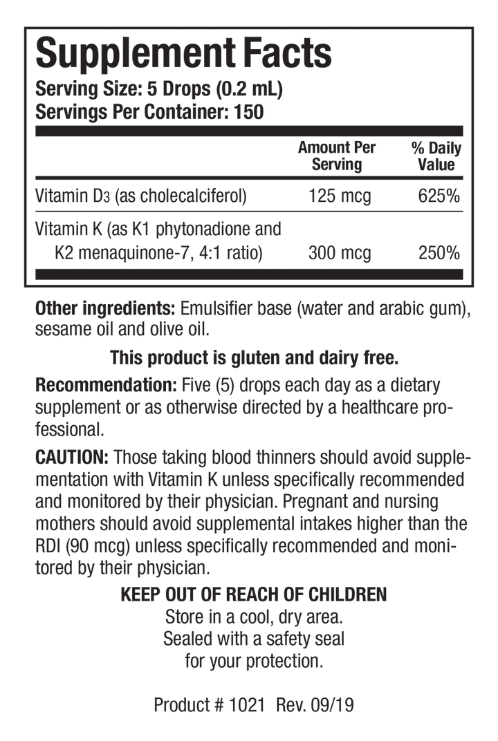 Supplement Facts label for Bio-DK-Mulsion showing a serving size of 5 drops (0.2 mL) containing 125 mcg of Vitamin D3 and 300 mcg of Vitamin K as K1 phytonadione and K2 menaquinone-7 in a 4:1 ratio.